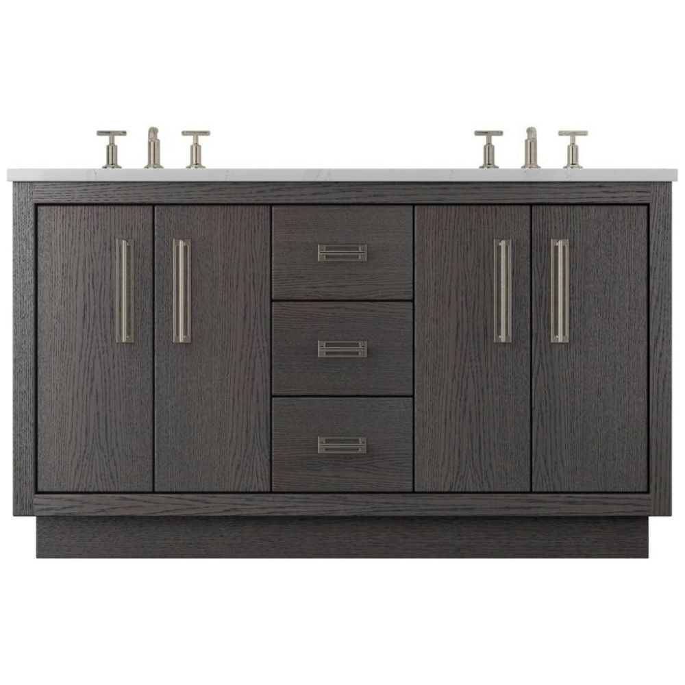 Bathroom vanity with dark wood finish and white countertop on a white background