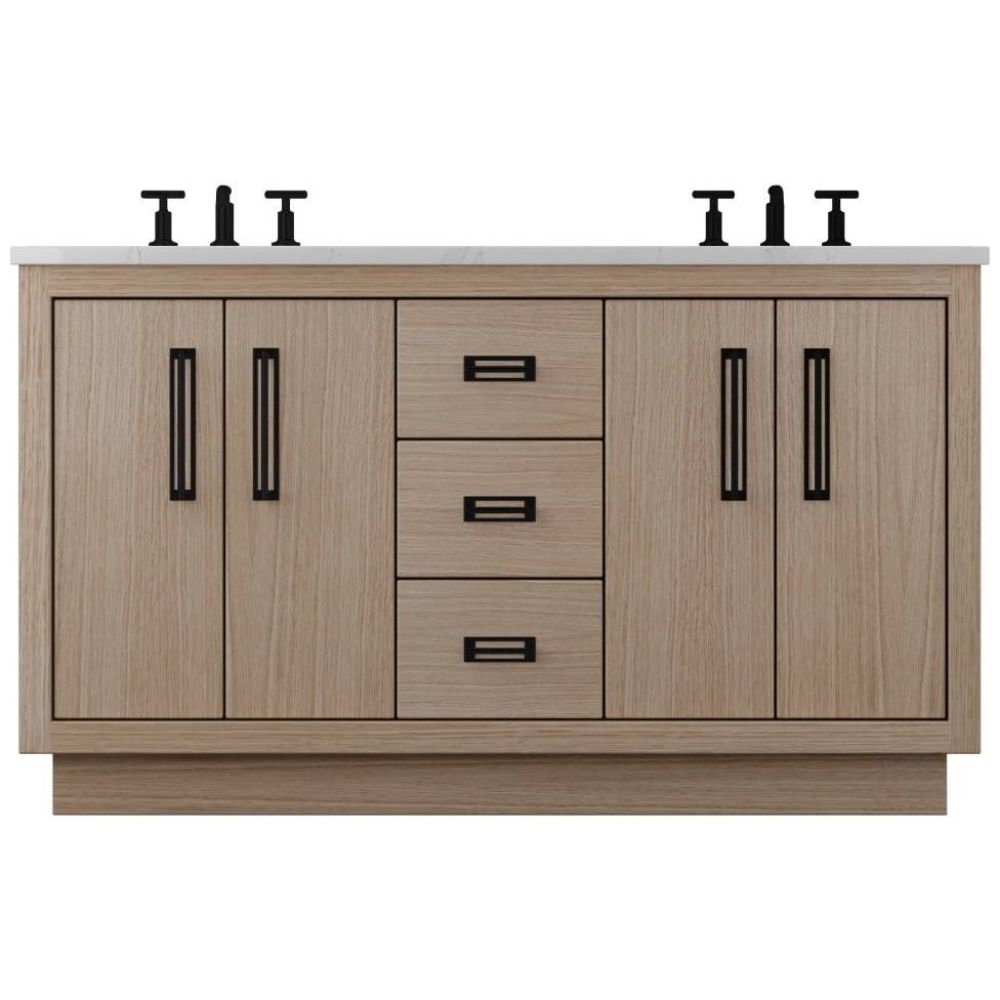 Wooden bathroom vanity with white countertop and black fixtures on a white background