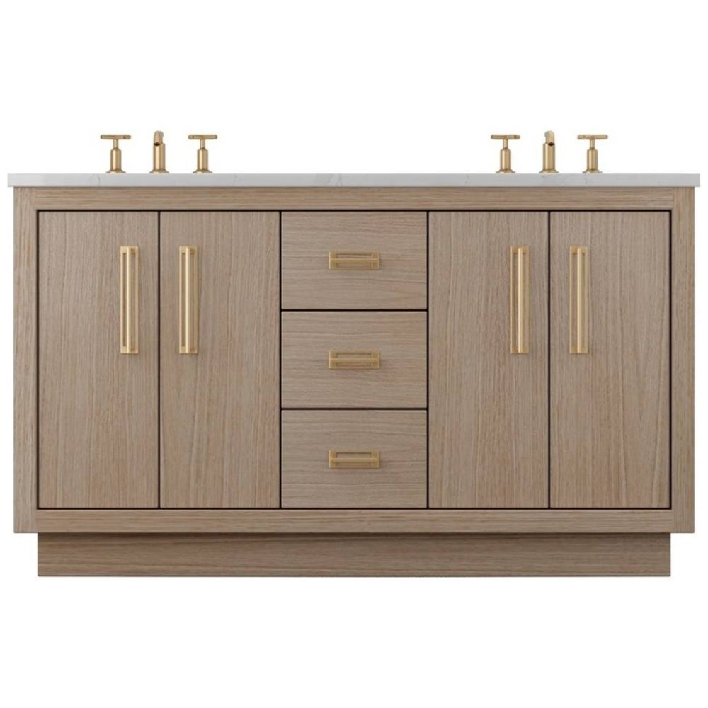 Bathroom vanity with wooden finish and gold fixtures on a white background