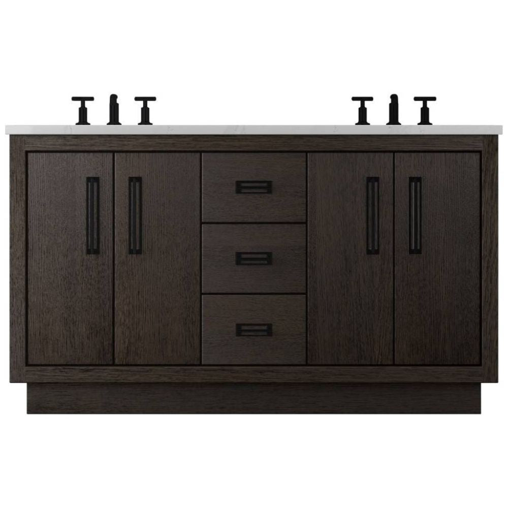 Bathroom vanity with dark wood finish and white countertop on a white background