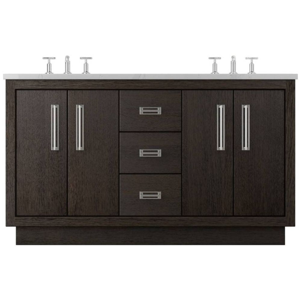Bathroom vanity with dark wood finish, white countertop, and silver fixtures on a white background