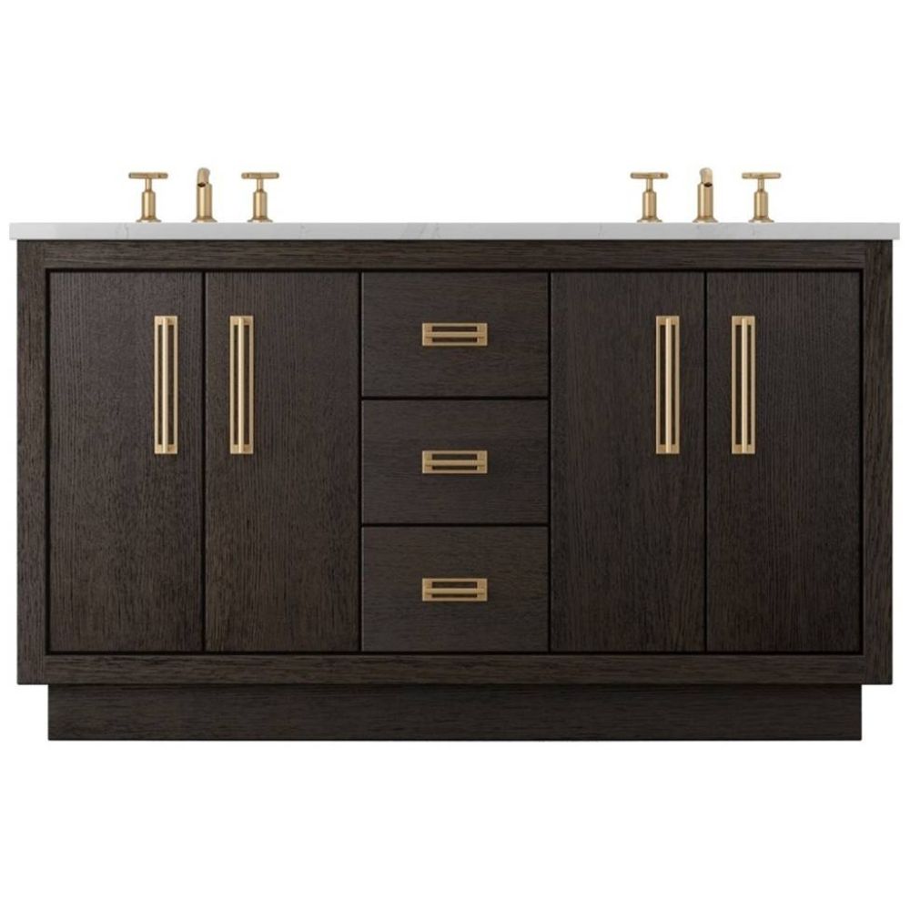 Bathroom vanity with dark wood finish, gold handles, and white countertop on a white background
