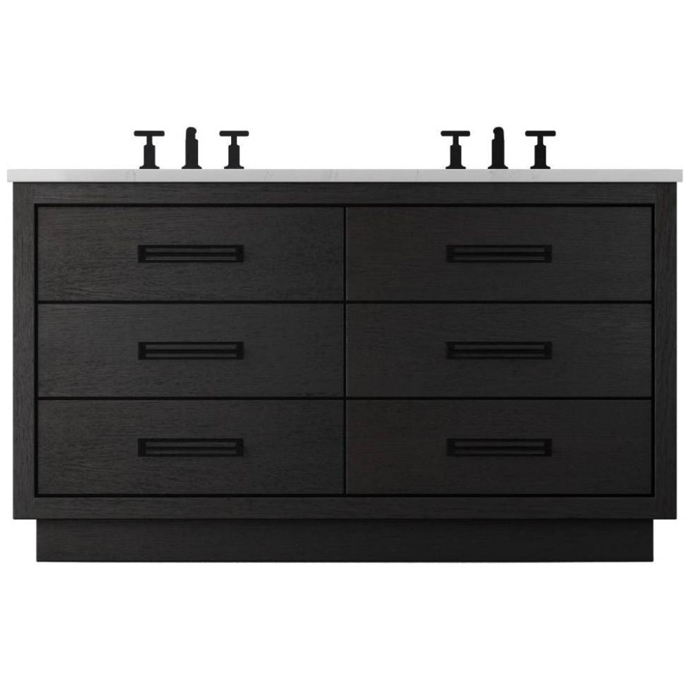 Black bathroom vanity with white countertop and sink fixtures on a white background