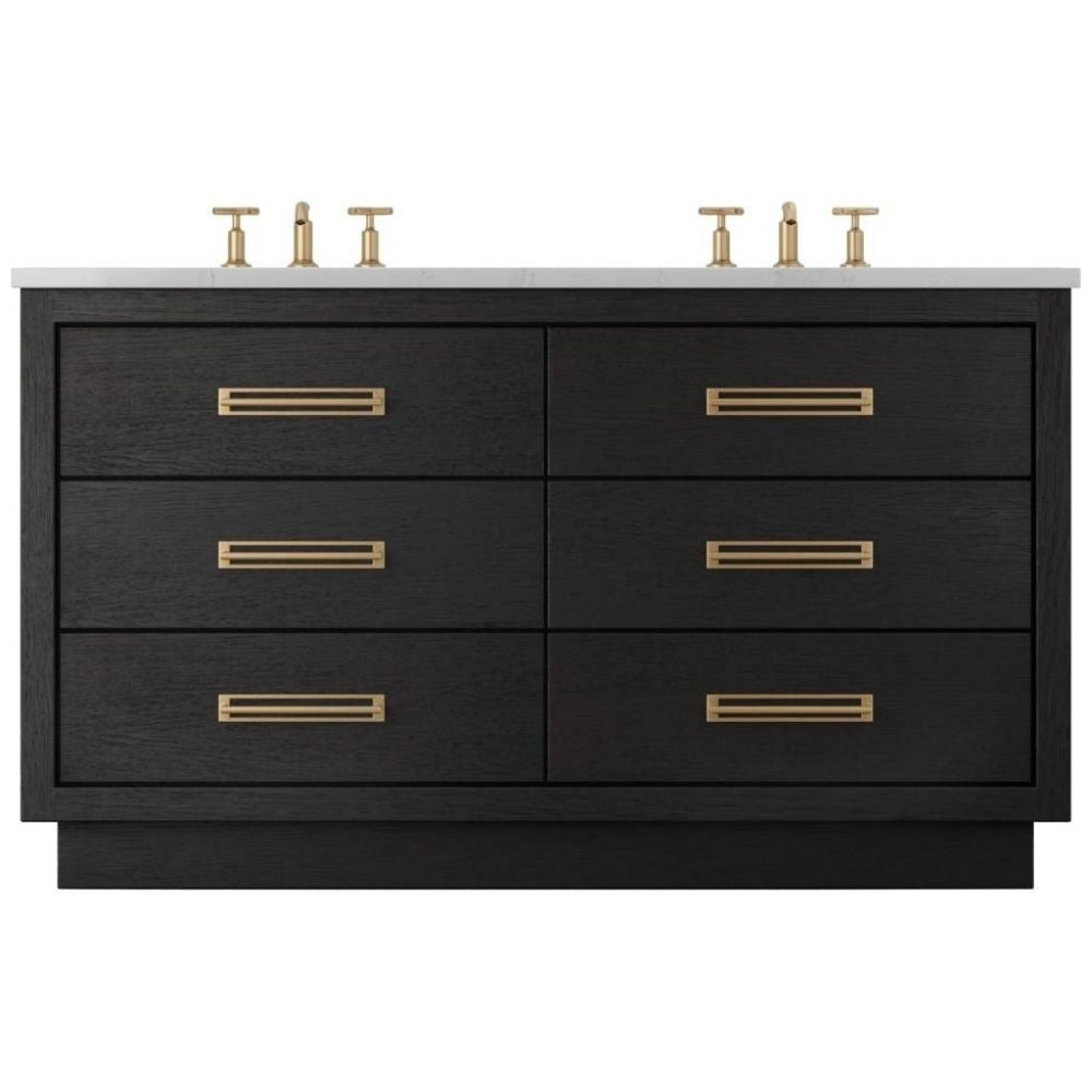 Black bathroom vanity with gold handles on a white background