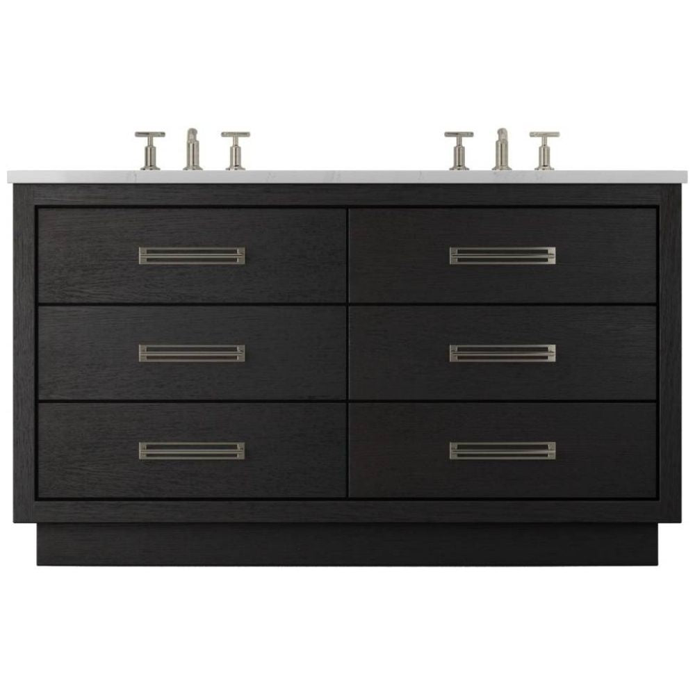 Black bathroom vanity with white countertop and silver fixtures on a white background