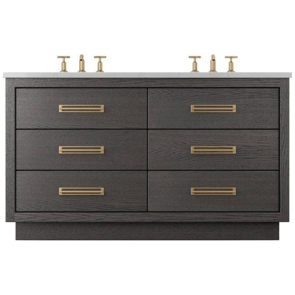 Bathroom vanity with six drawers, gold handles, and two sink fixtures on a white background