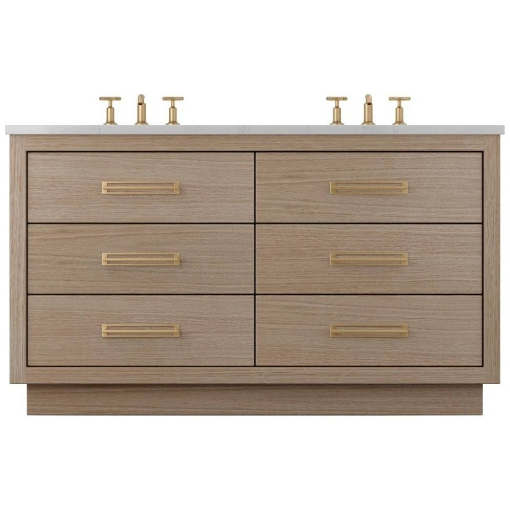 Wooden bathroom vanity with gold fixtures on a white background