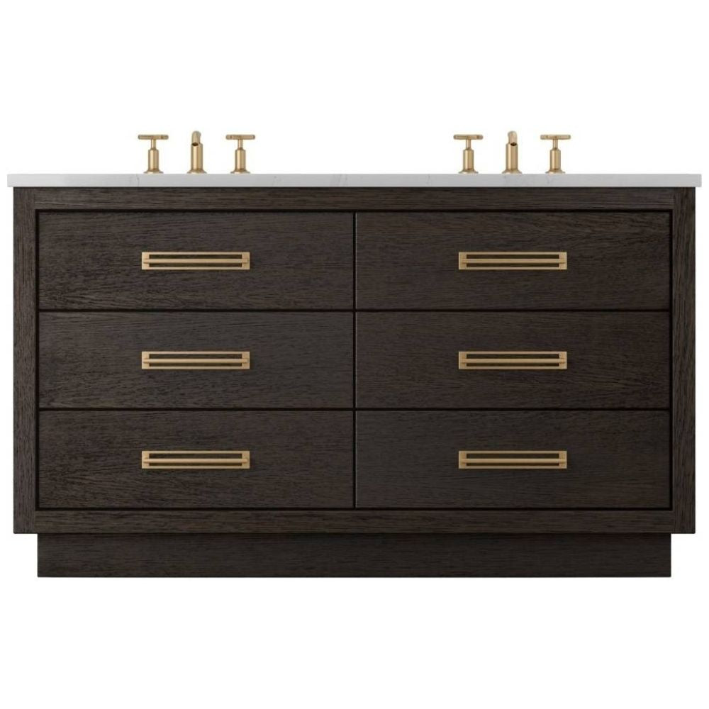 Bathroom vanity with dark wood finish and gold handles on a white background