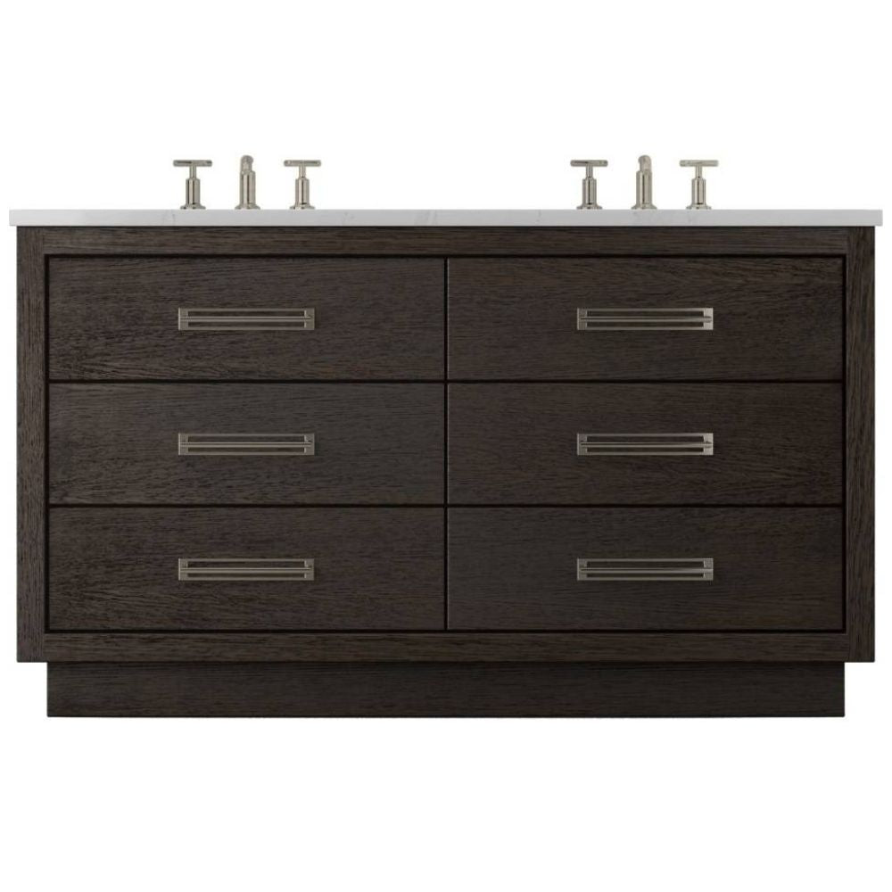 Bathroom vanity with six drawers and two sink fixtures on a white background