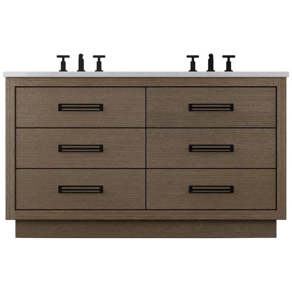 Wooden bathroom vanity with white countertop and black fixtures on a white background