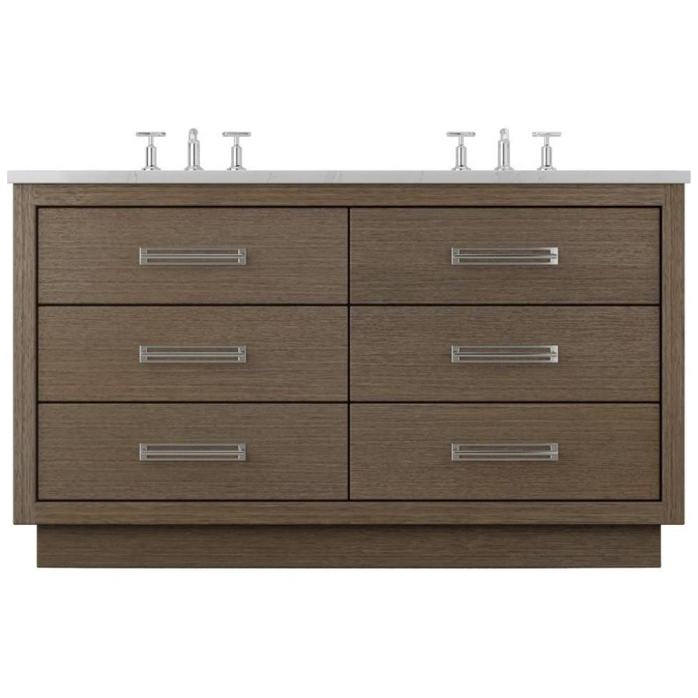 Wooden bathroom vanity with white countertop and silver fixtures on a white background