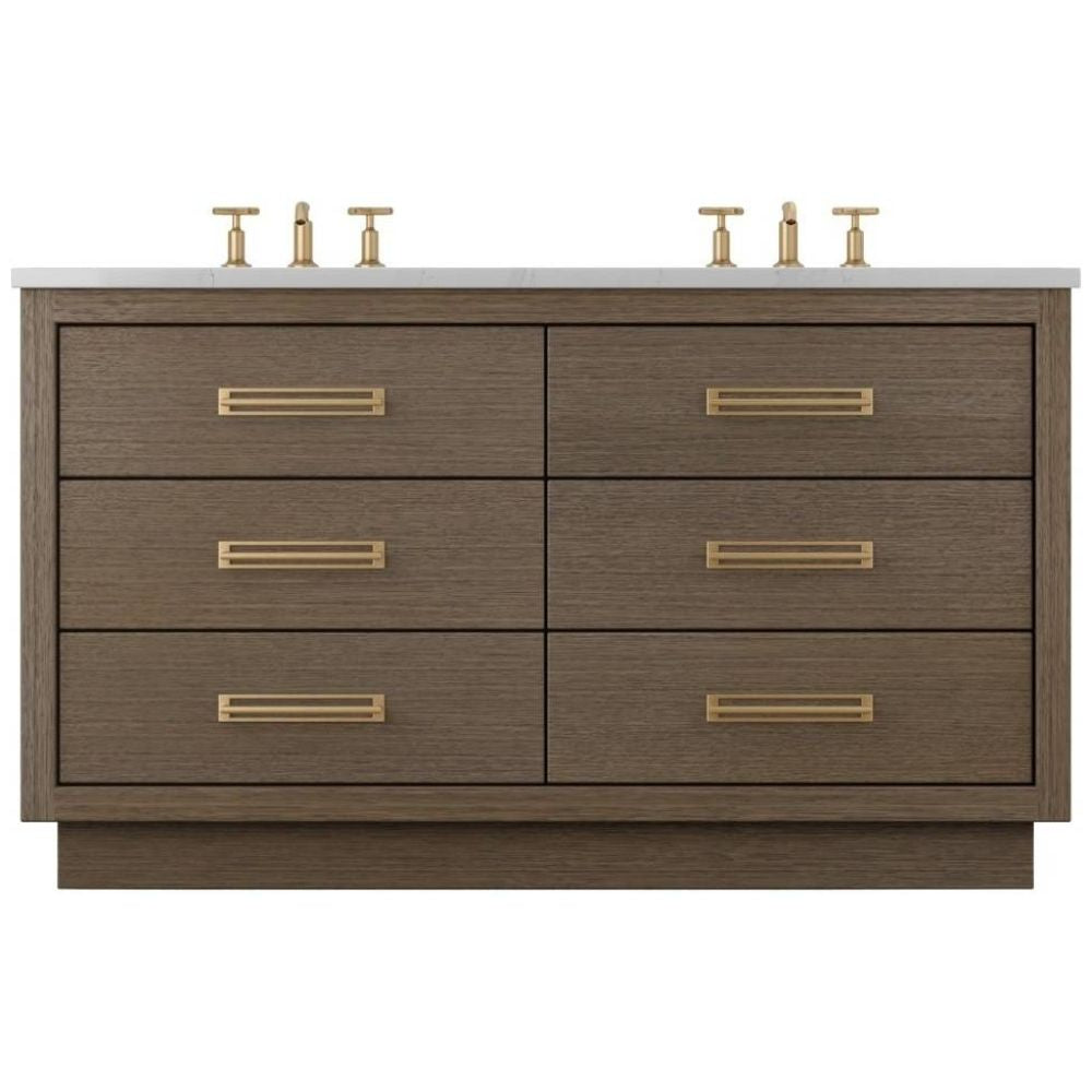 Bathroom vanity with wooden finish and gold handles on a white background