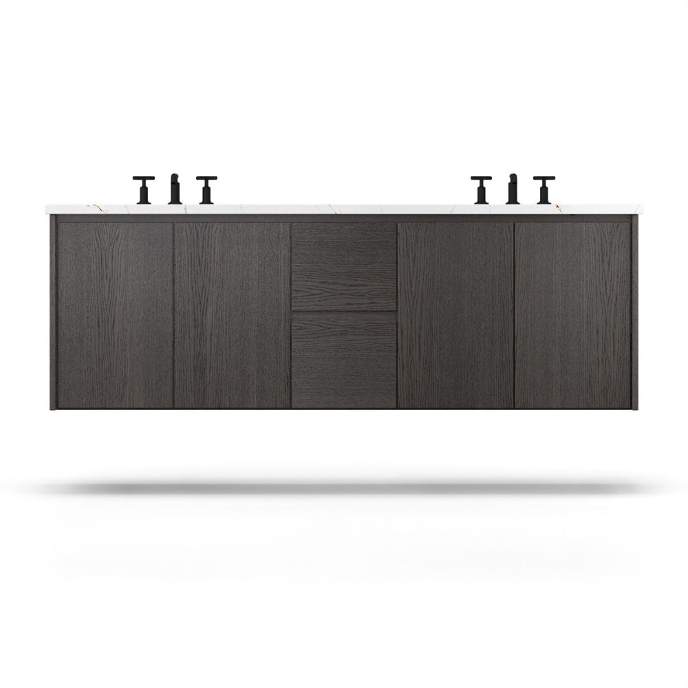 double floating vanity features a distinctive finger gap