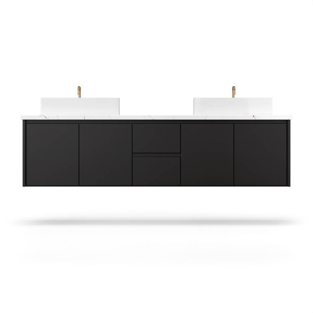 Black bathroom vanity with white sinks on a white background