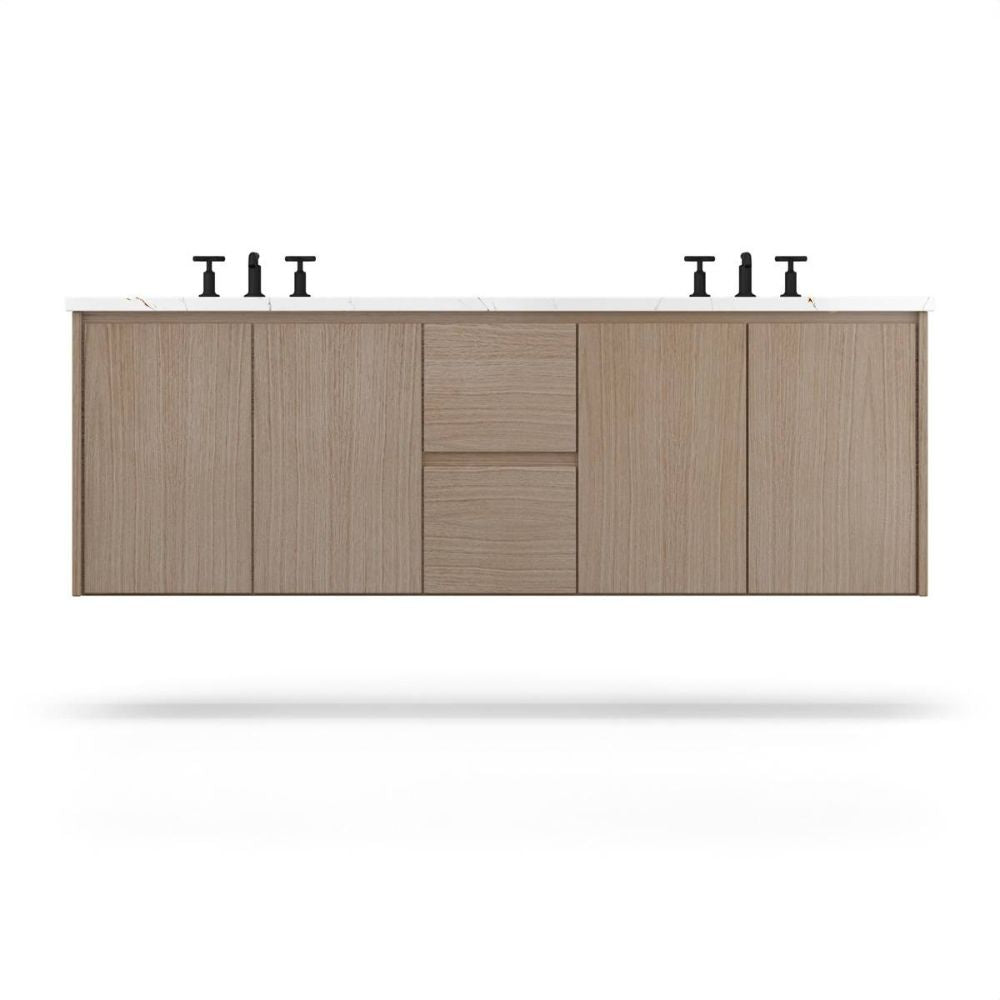 Wooden cabinet with a white countertop on a white background