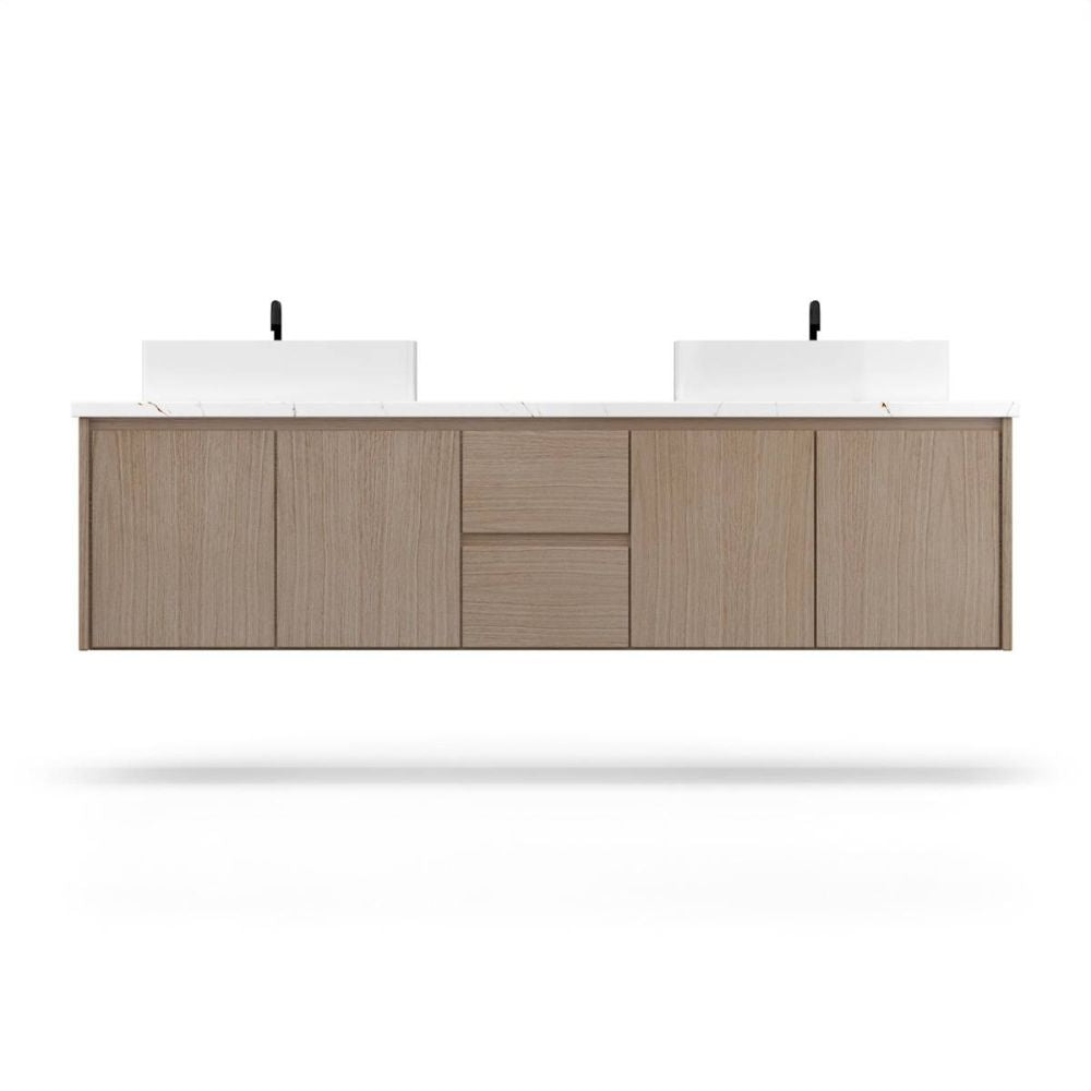 Bathroom vanity with wooden finish and white countertop on a white background