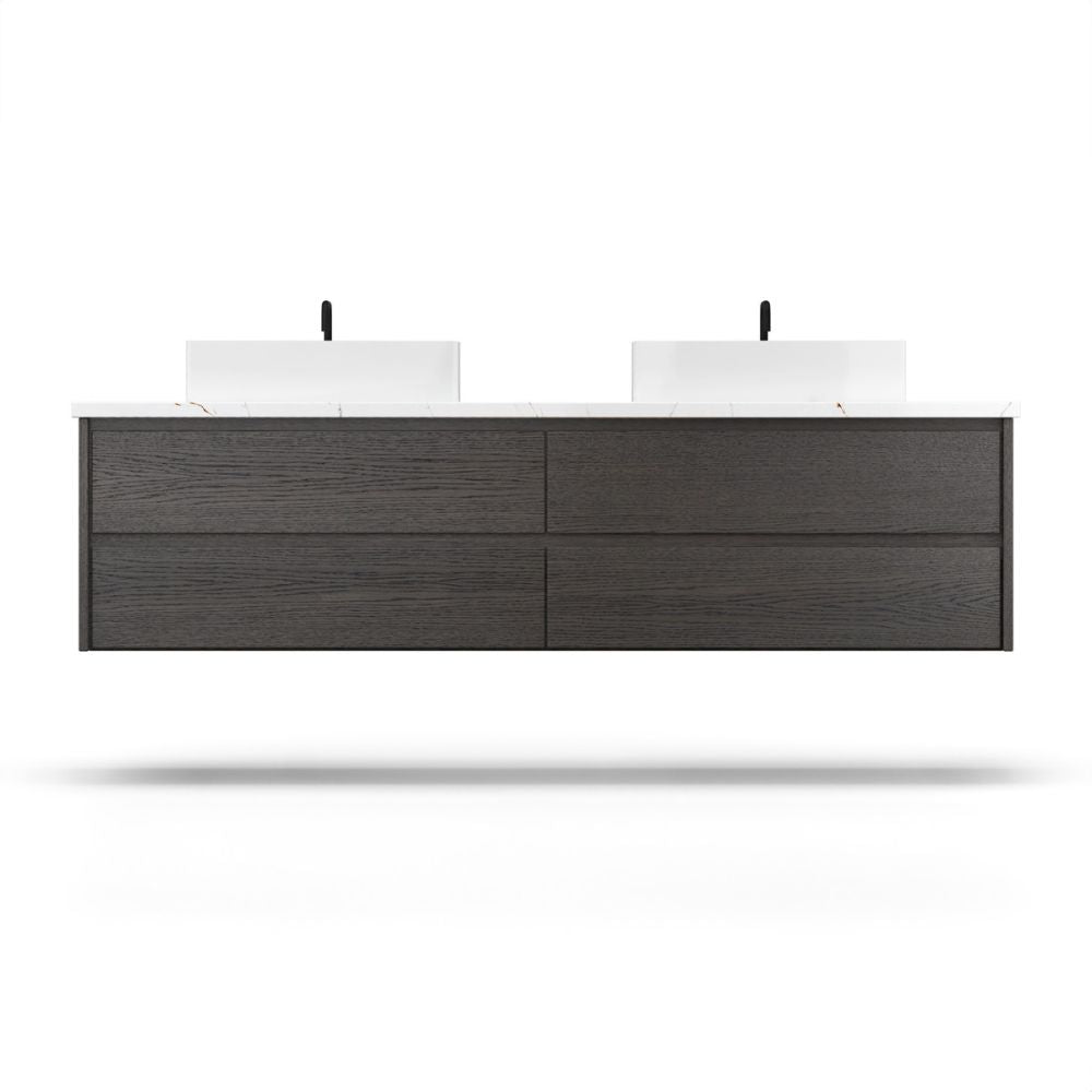 Bathroom vanity with two white sinks on a white background