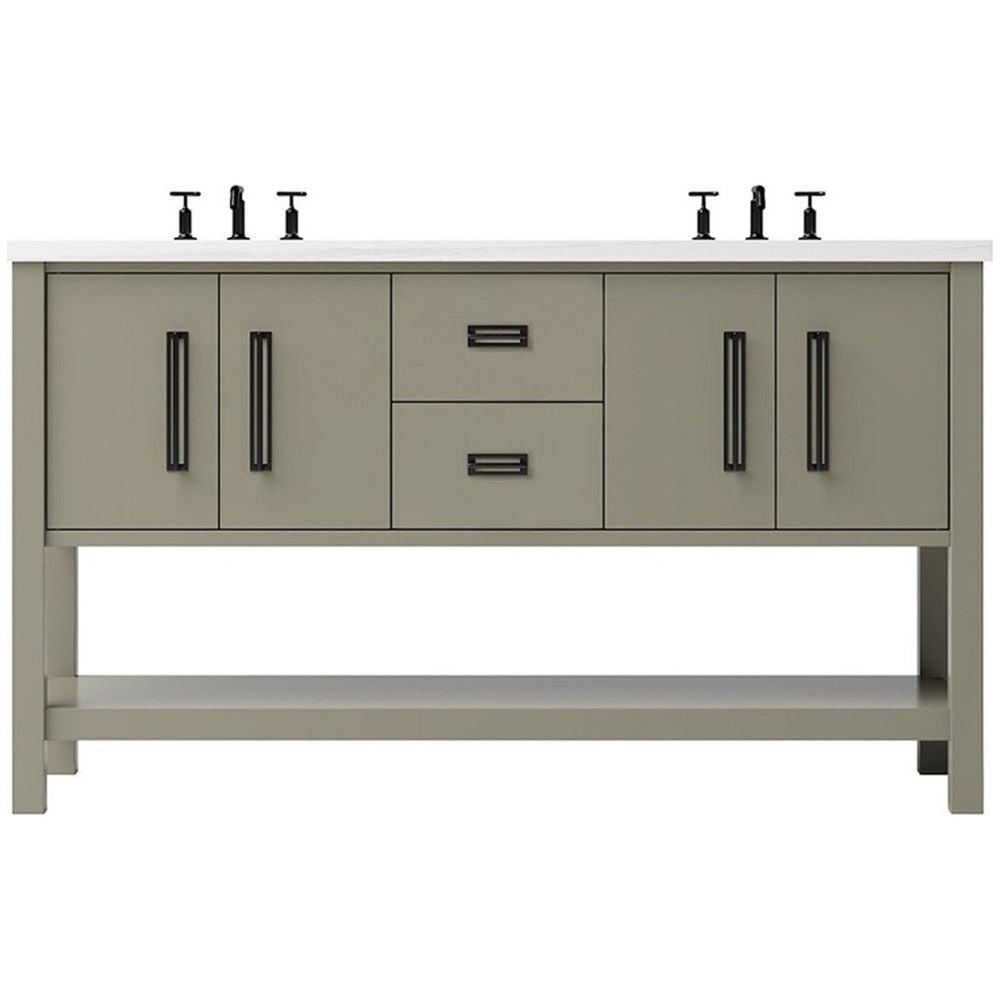 Bathroom vanity with cabinets, drawers, and faucet on a white background