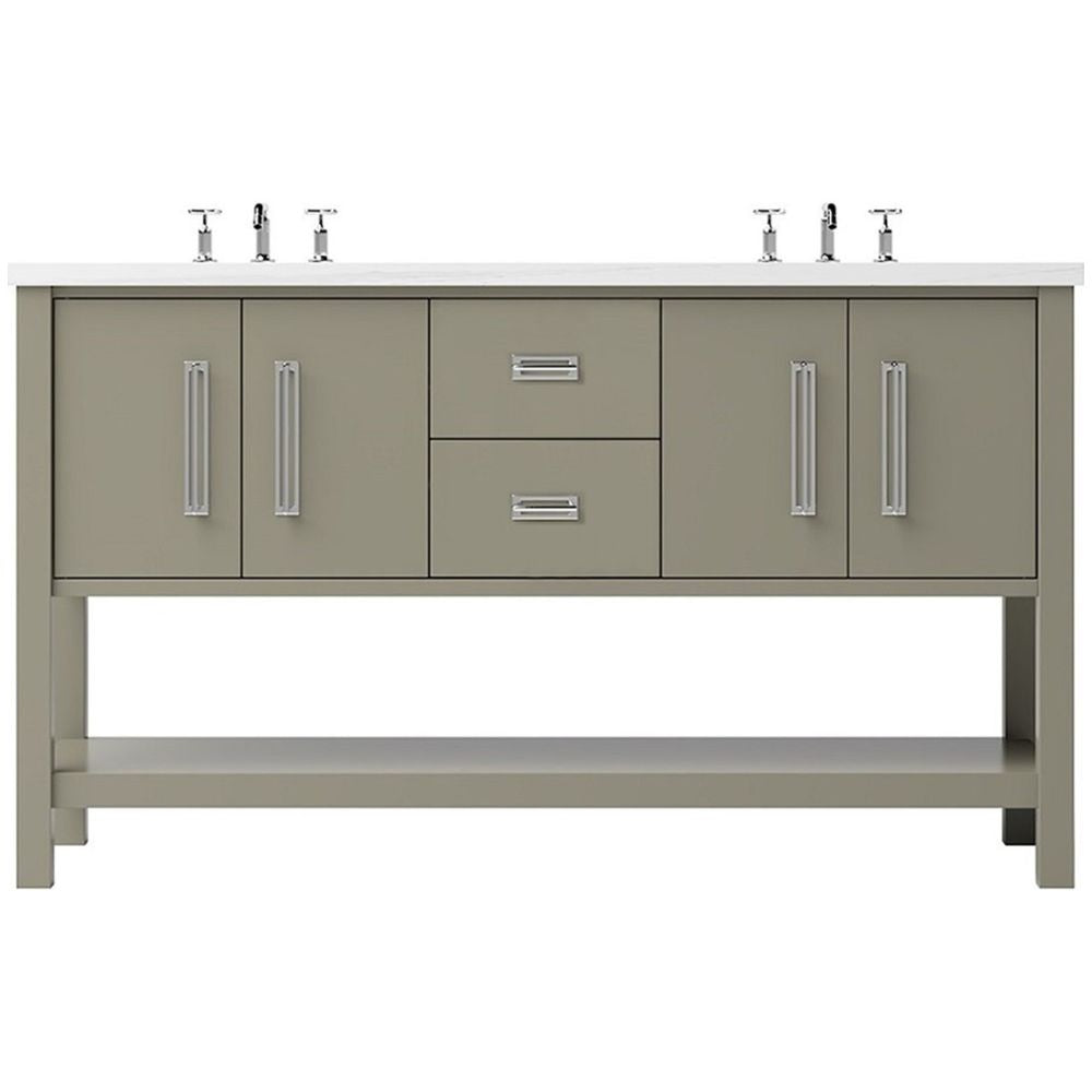 Bathroom vanity with multiple cabinets and drawers on a white background