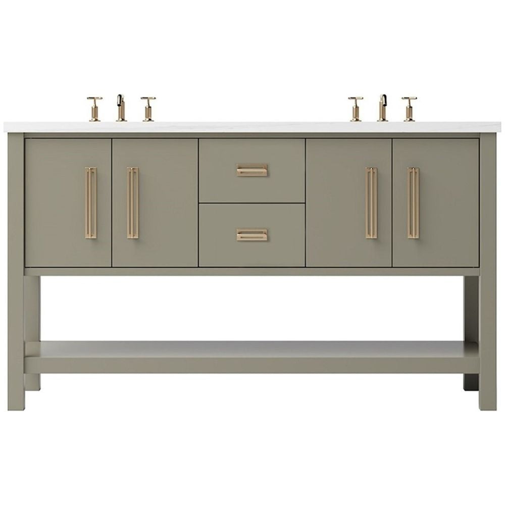Bathroom vanity with gray cabinets, white countertop, and gold fixtures on a white background