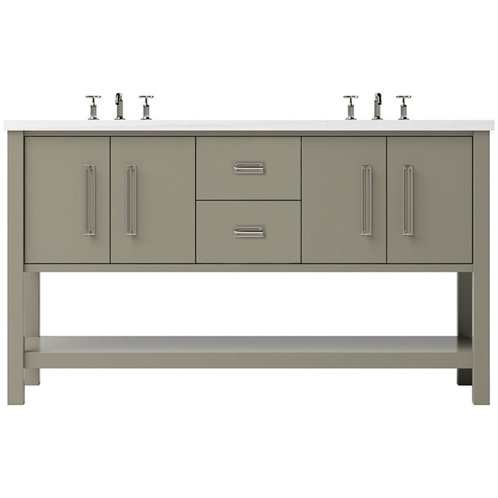 Bathroom vanity with multiple cabinets and drawers on a white background