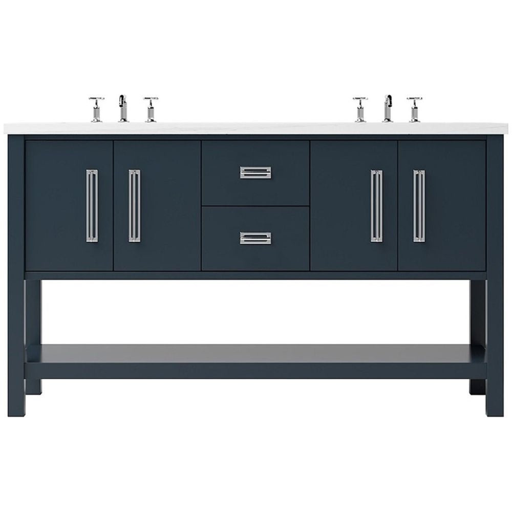 Blue bathroom vanity with white countertop and silver fixtures on a white background