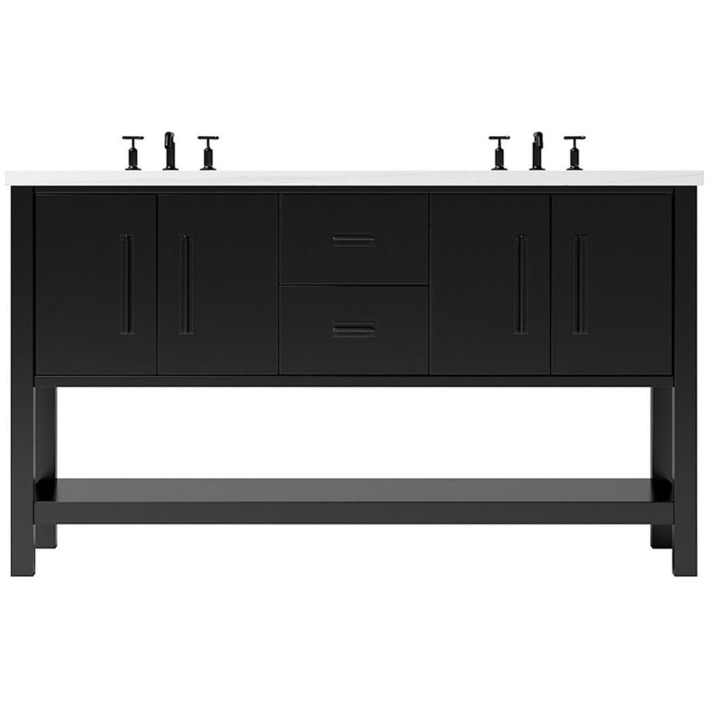 Black bathroom vanity with faucet fixtures on a white background