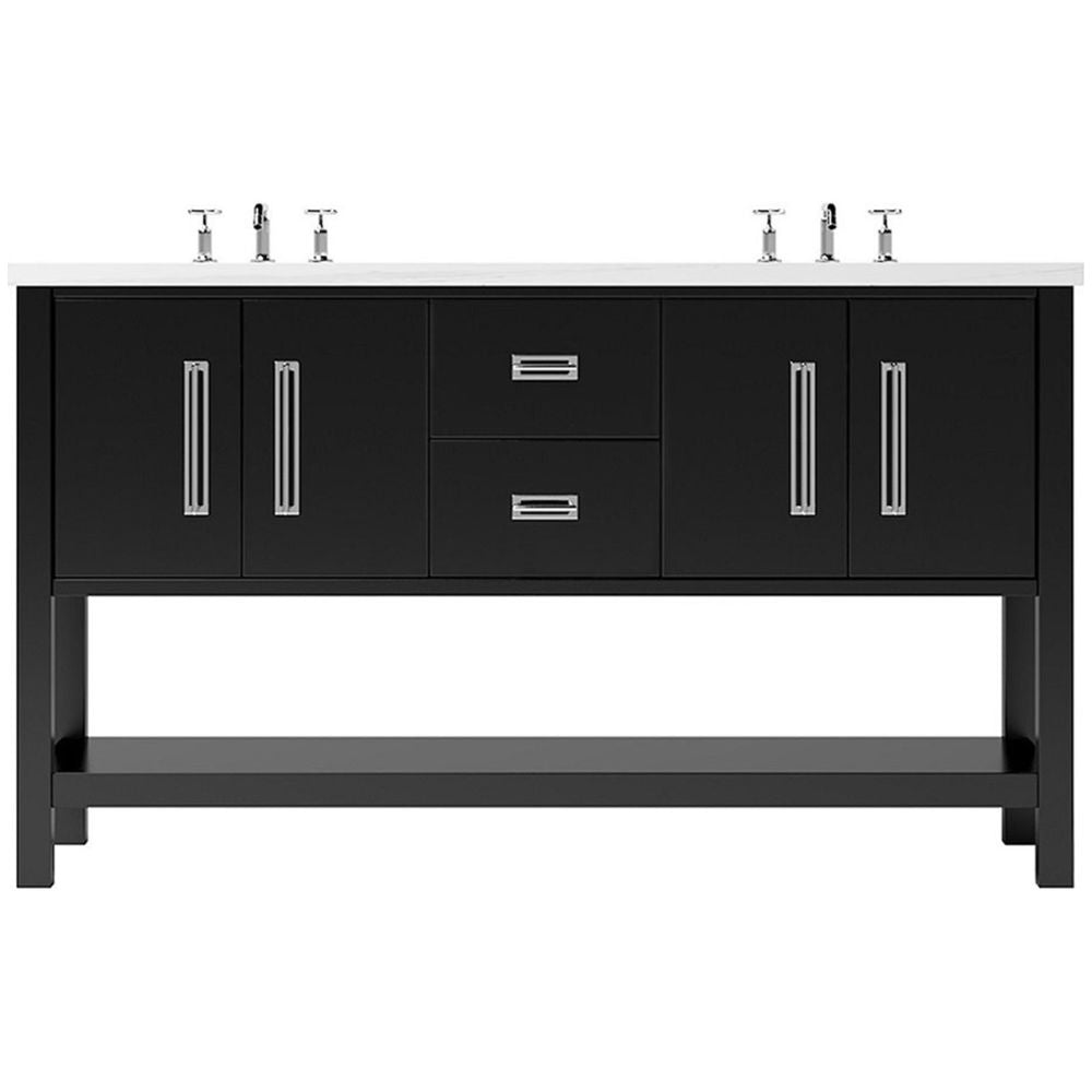 Black bathroom vanity with silver fixtures on a white background