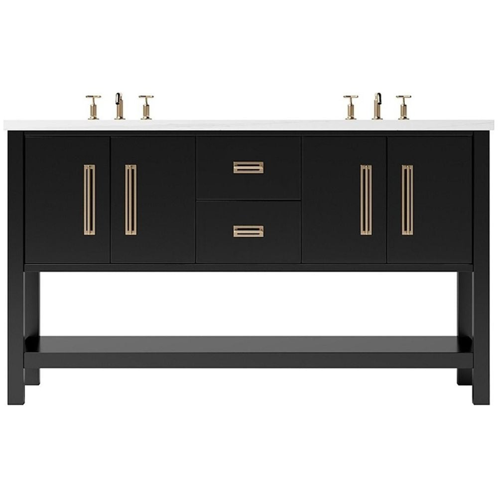 Black bathroom vanity with gold handles on a white background