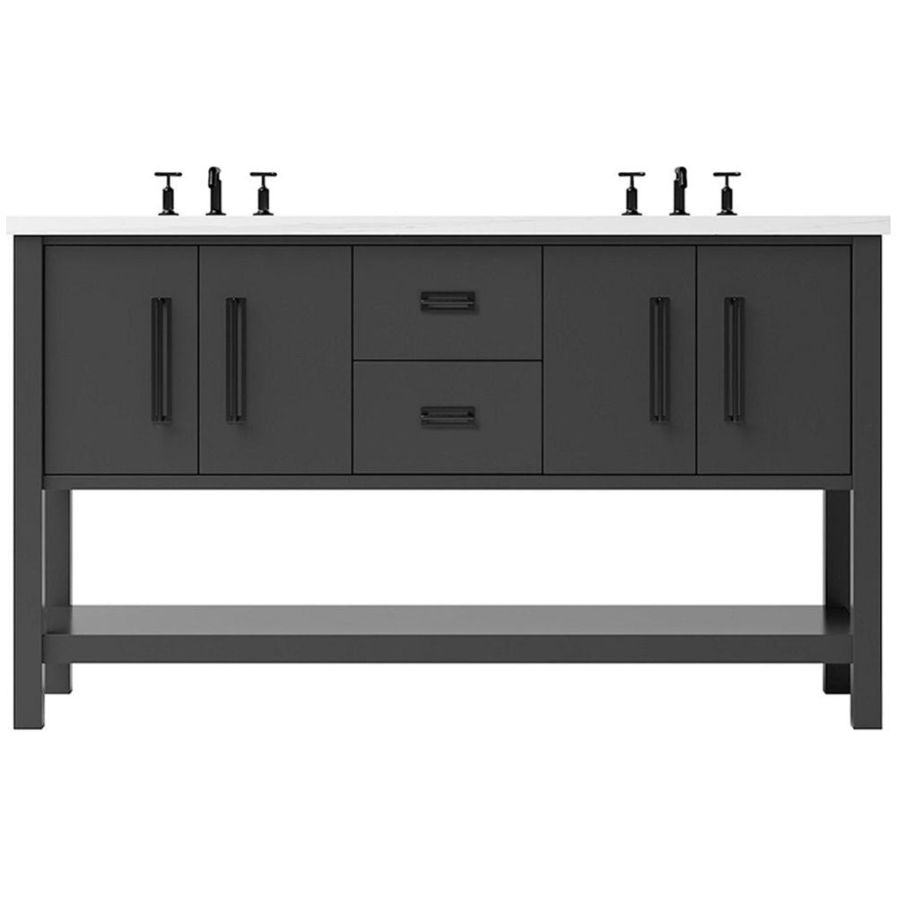 Bathroom vanity with gray cabinets, white countertop, and gold fixtures on a white background