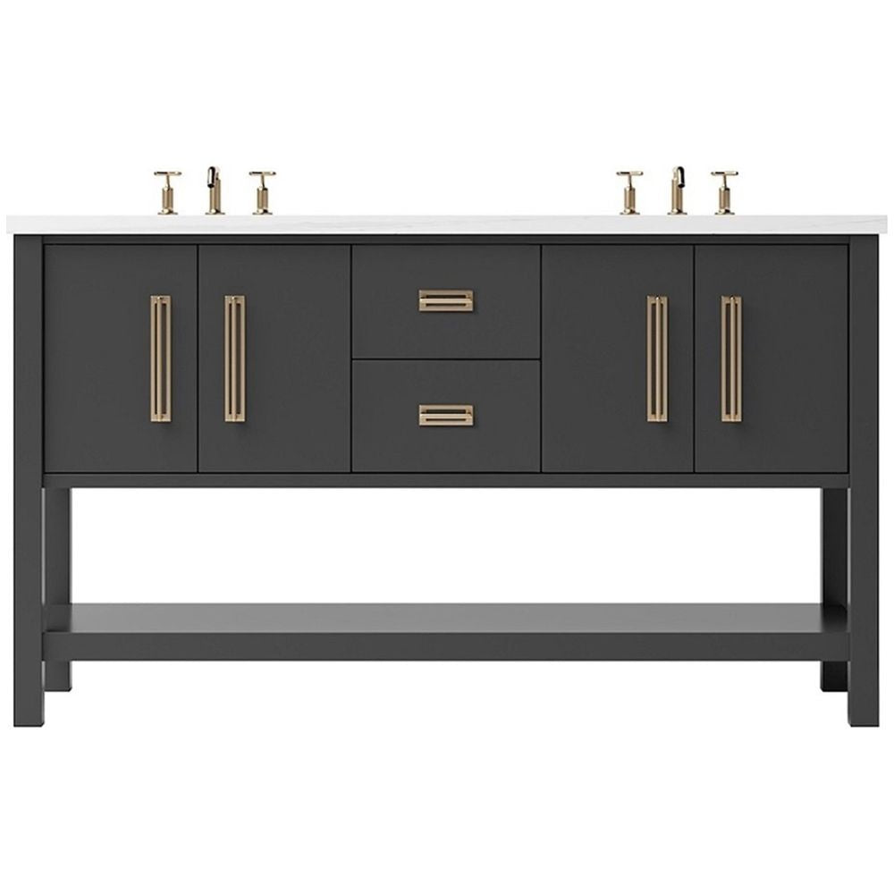 Bathroom vanity with gray cabinets, white countertop, and gold fixtures on a white background