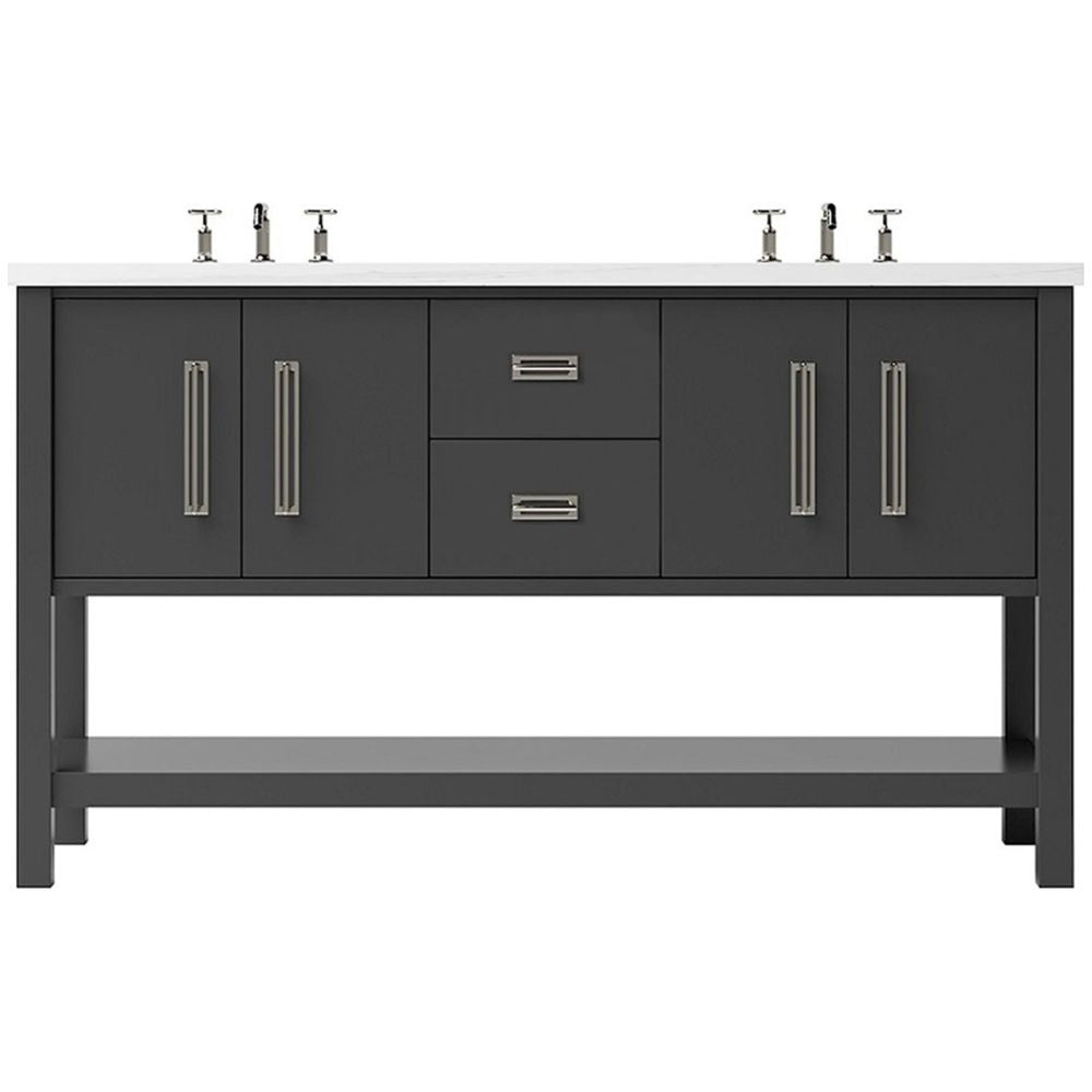 Bathroom vanity with dark gray cabinets and white countertop on a white background