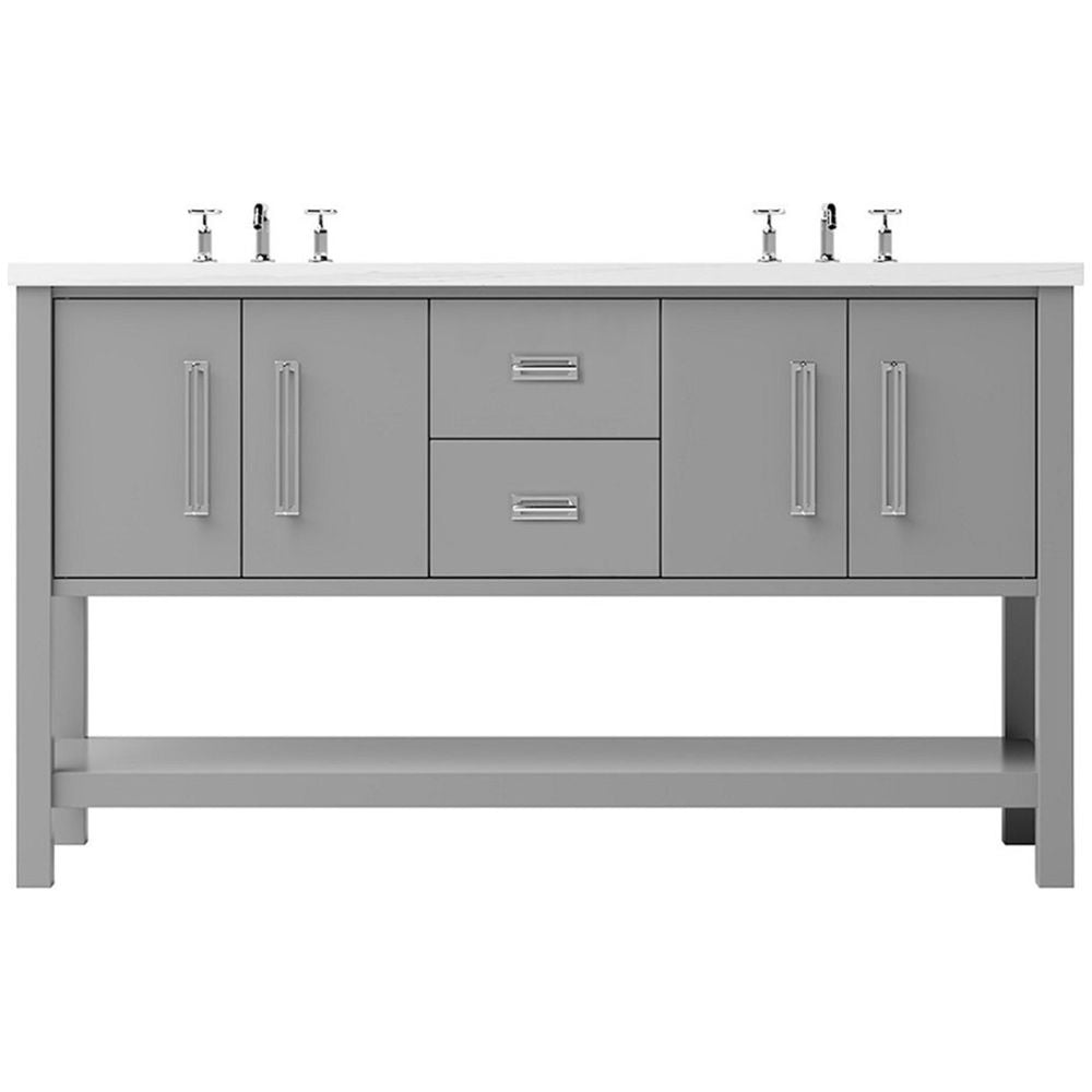 Bathroom vanity with gray cabinets, white countertop, and gold fixtures on a white background