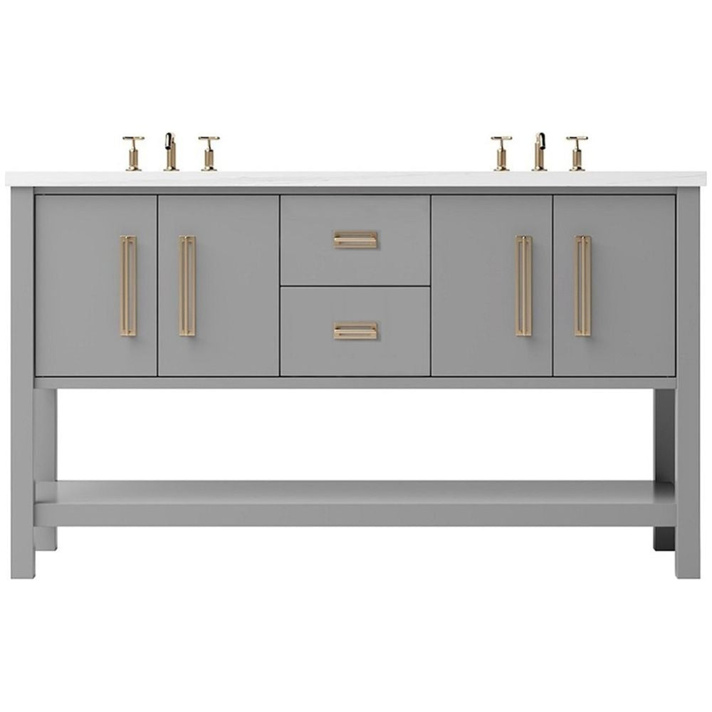 Gray bathroom vanity with gold handles on a white background