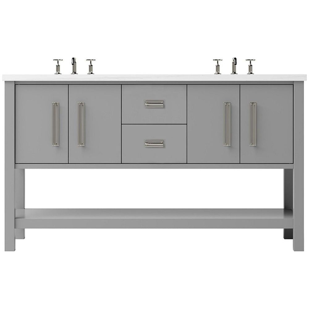 Gray bathroom vanity with sink fixtures on a white background