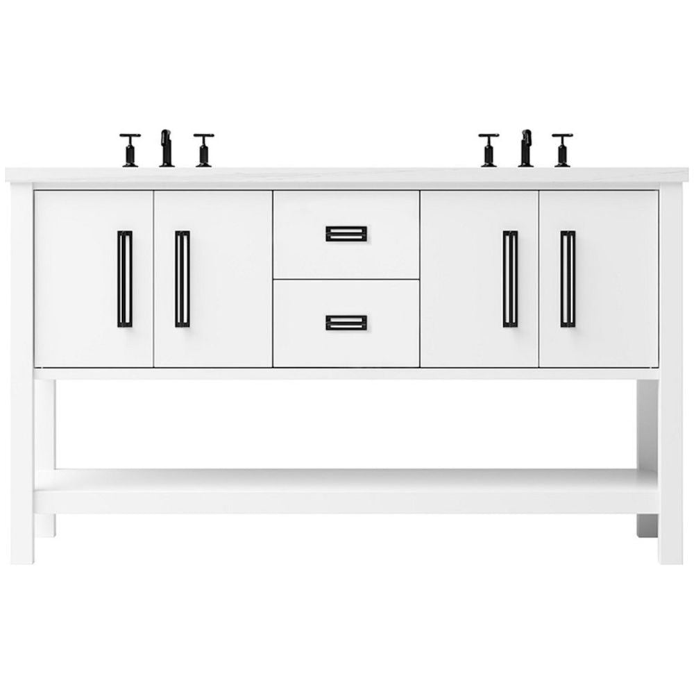 White bathroom vanity with black fixtures on a white background