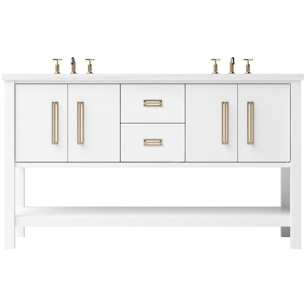 White bathroom vanity with gold fixtures on a white background