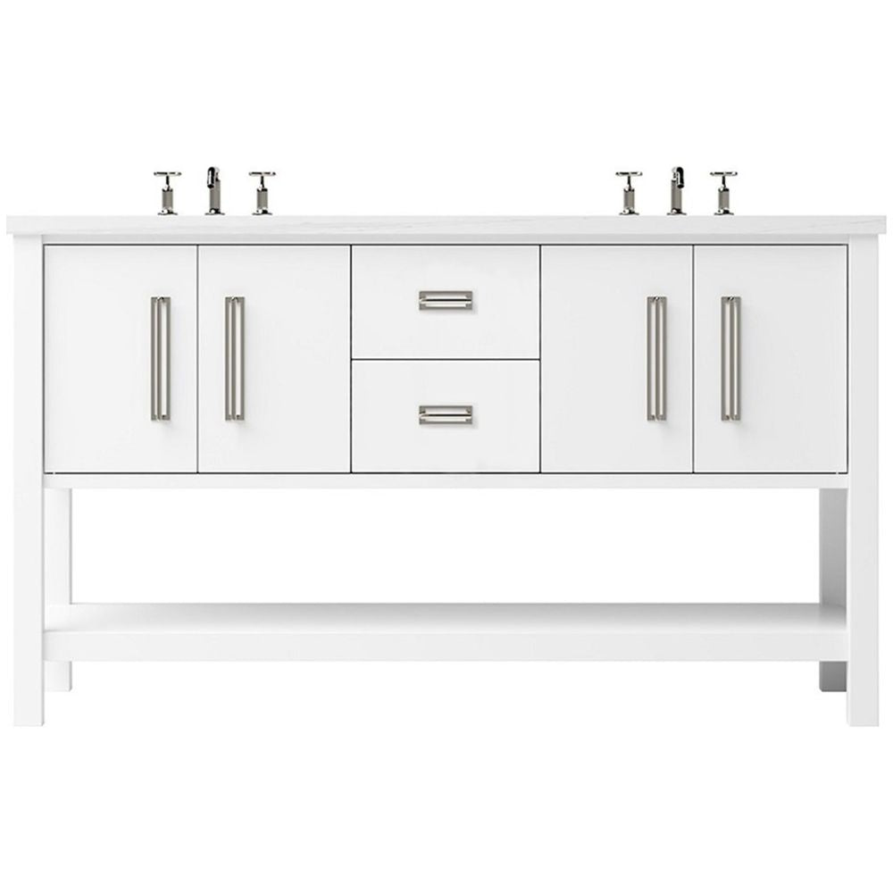 White bathroom vanity with four doors and two drawers, featuring silver handles on a white background.
