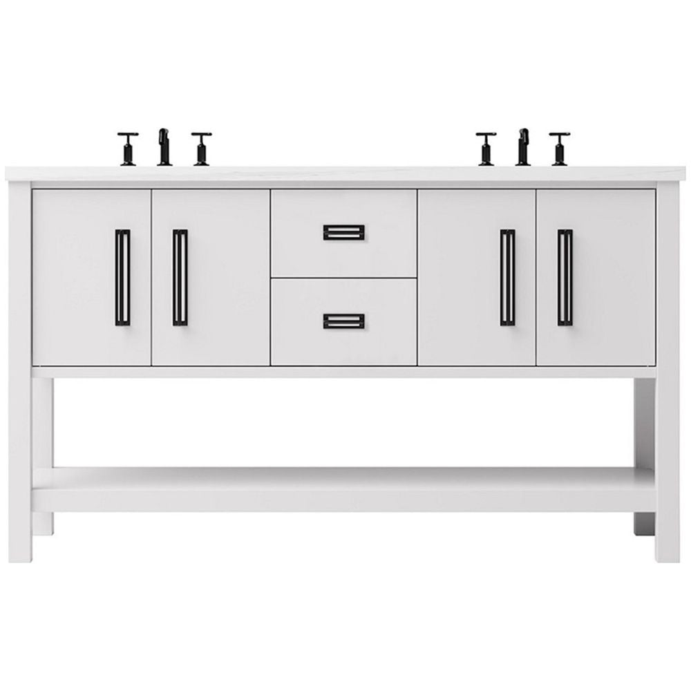 White bathroom vanity with black fixtures on a white background