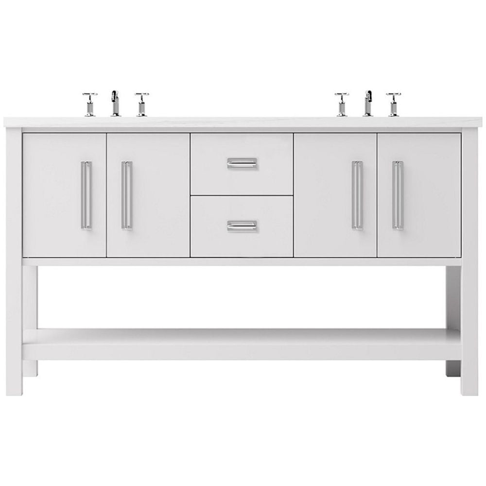 White bathroom vanity with multiple cabinets and drawers on a white background
