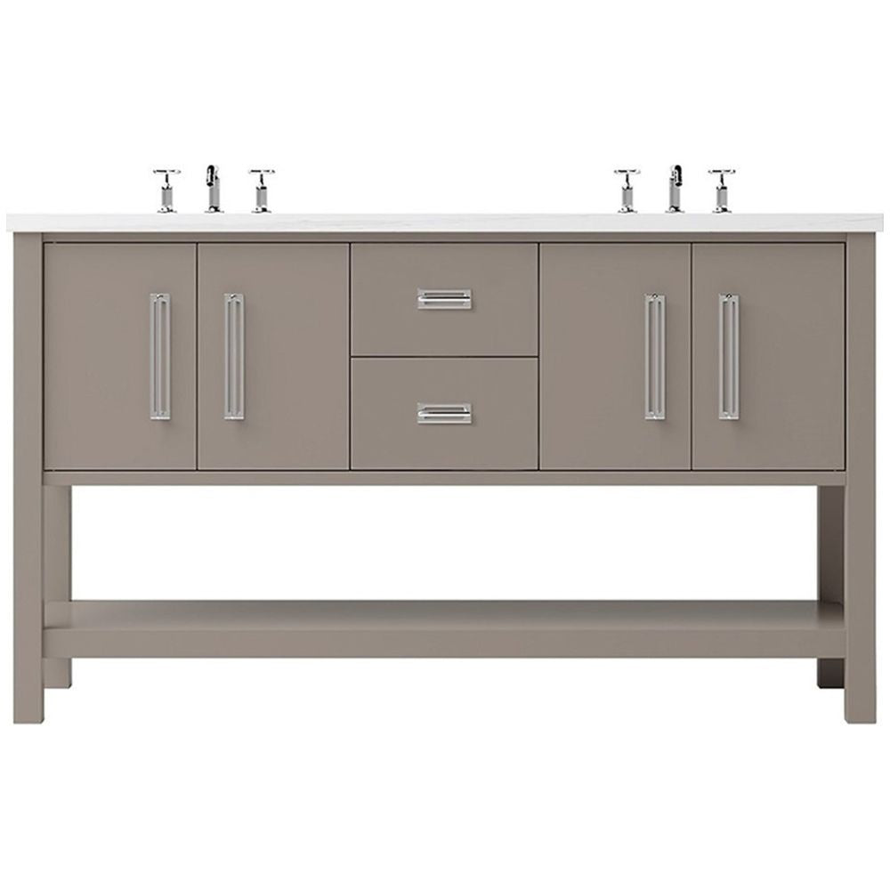 Gray bathroom vanity with white countertop and silver fixtures on a white background