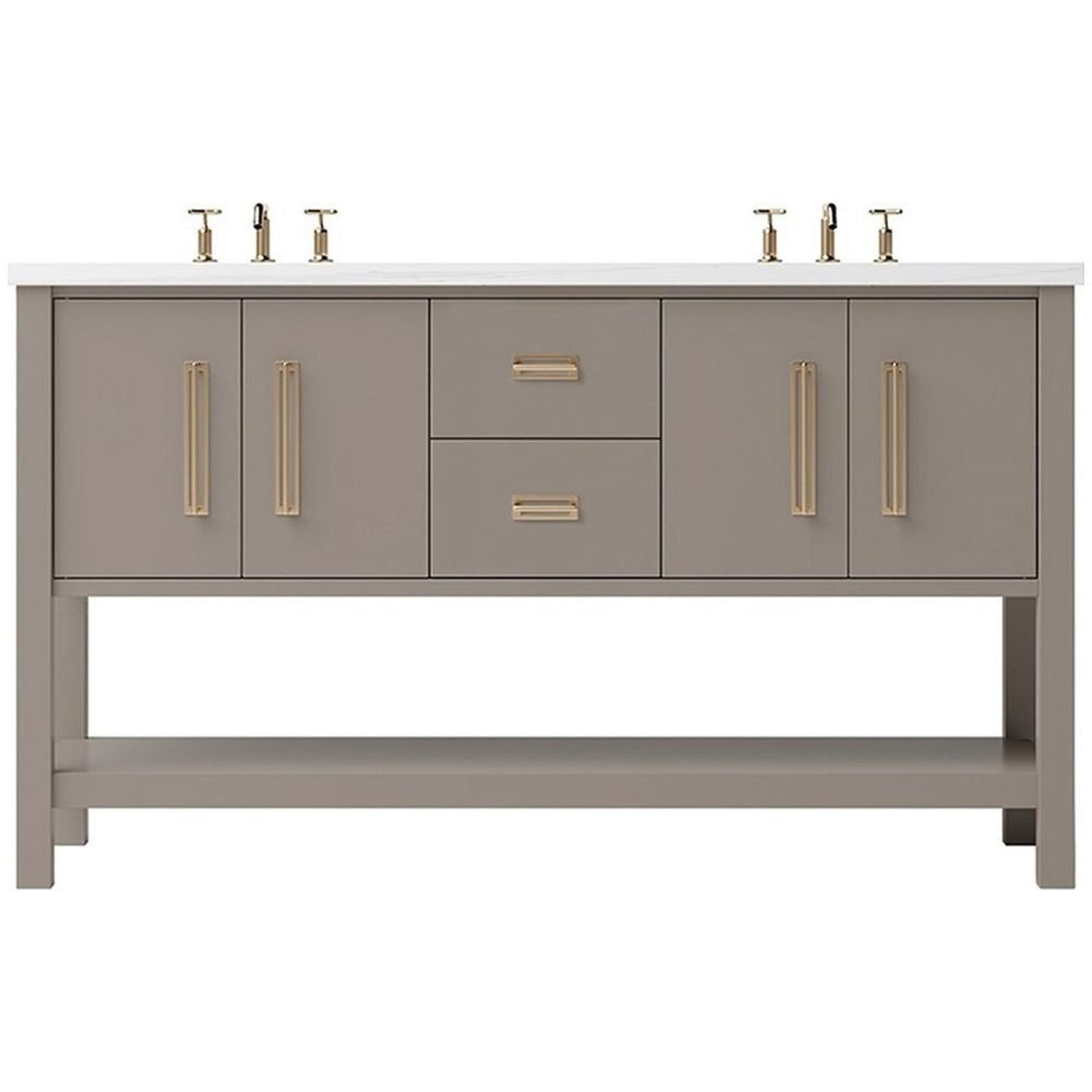 Gray bathroom vanity with gold handles on a white background