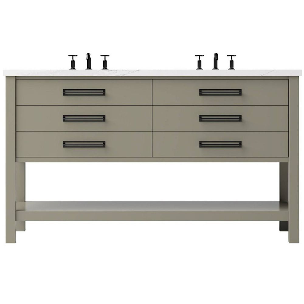 Bathroom vanity with multiple drawers and a white countertop on a white background