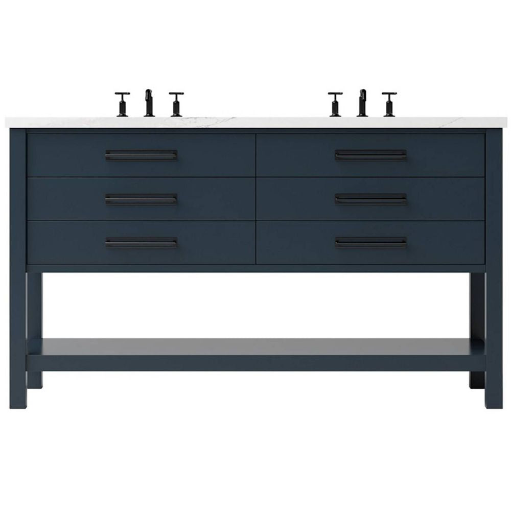 Blue vanity with white countertop and black fixtures on a white background