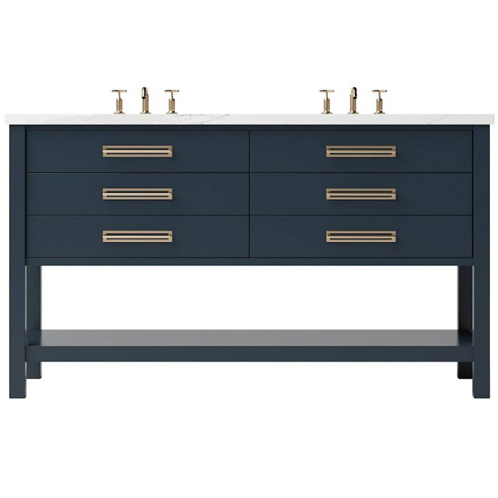 Bathroom vanity with blue drawers and white countertop on a white background