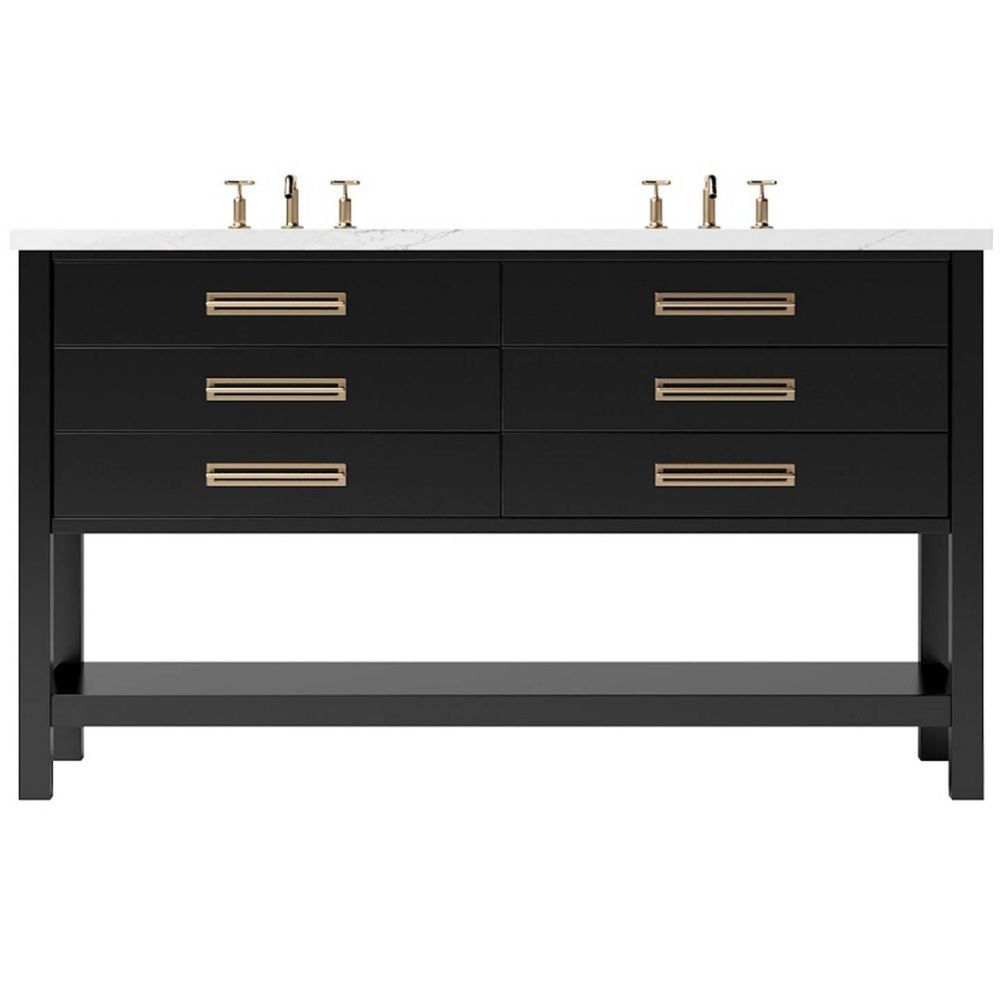 Black bathroom vanity with white countertop and gold fixtures on a white background
