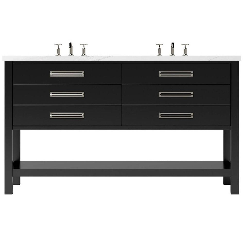 Black bathroom vanity with white countertop and silver fixtures on a white background