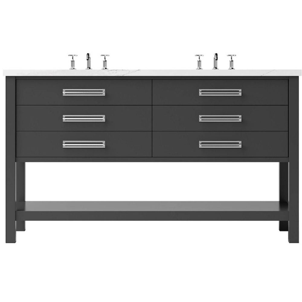 Bathroom vanity with multiple drawers and faucet fixtures on a white background