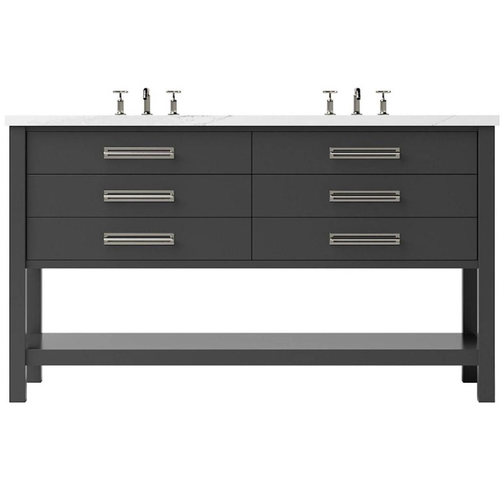 Bathroom vanity with dark gray finish and white countertop on a white background