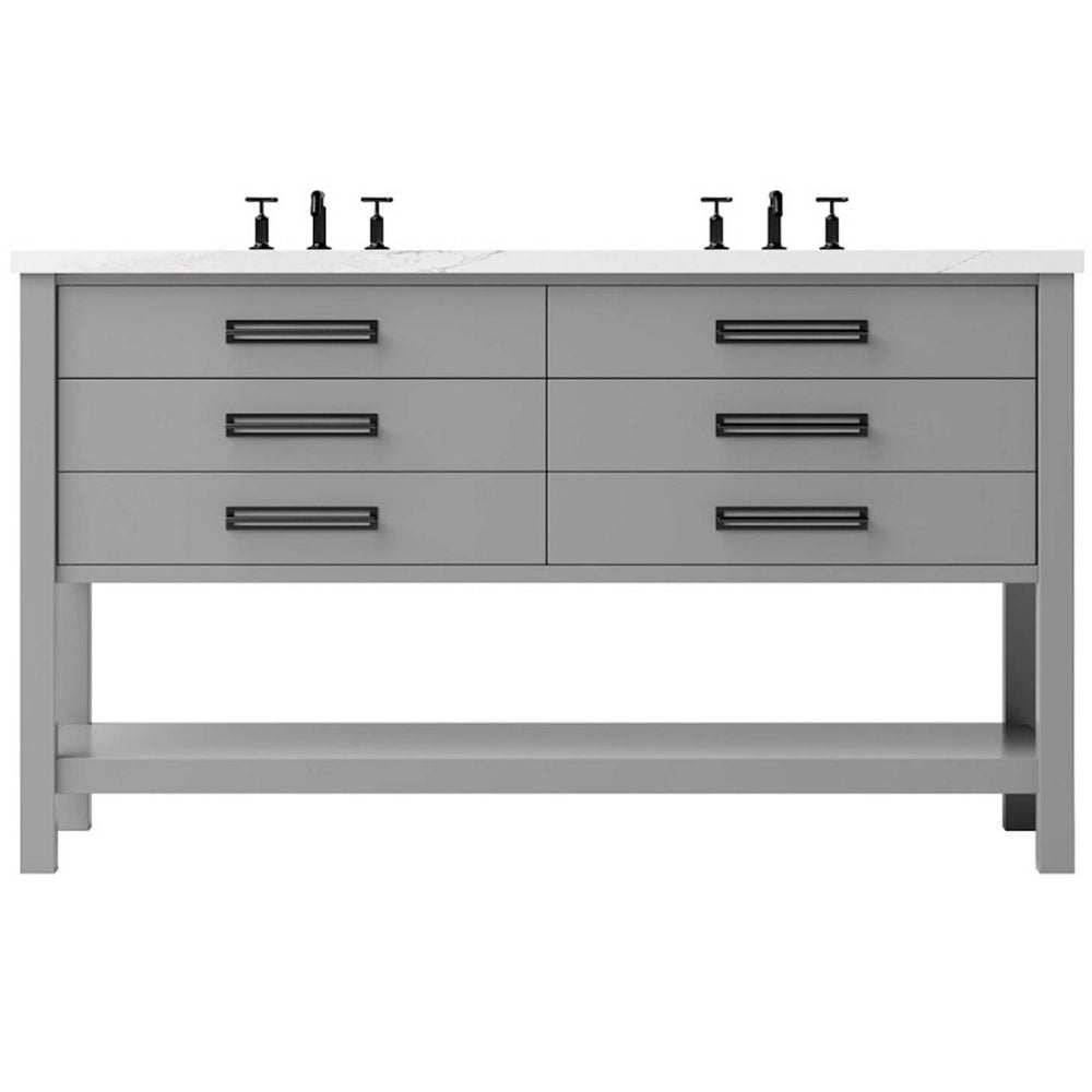 Gray dresser with multiple drawers on a white background
